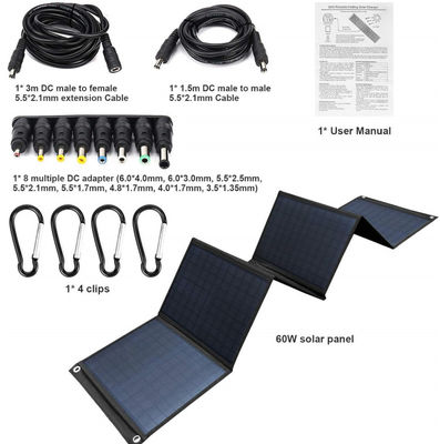 Pannello solare pieghevole ad alta efficienza 60W con USB 5V per campeggio, telefono cellulare